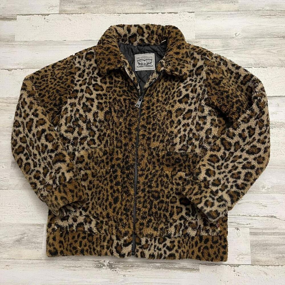Retro Women’s Levis Leopard Print Fleece Full Zip Jacket M